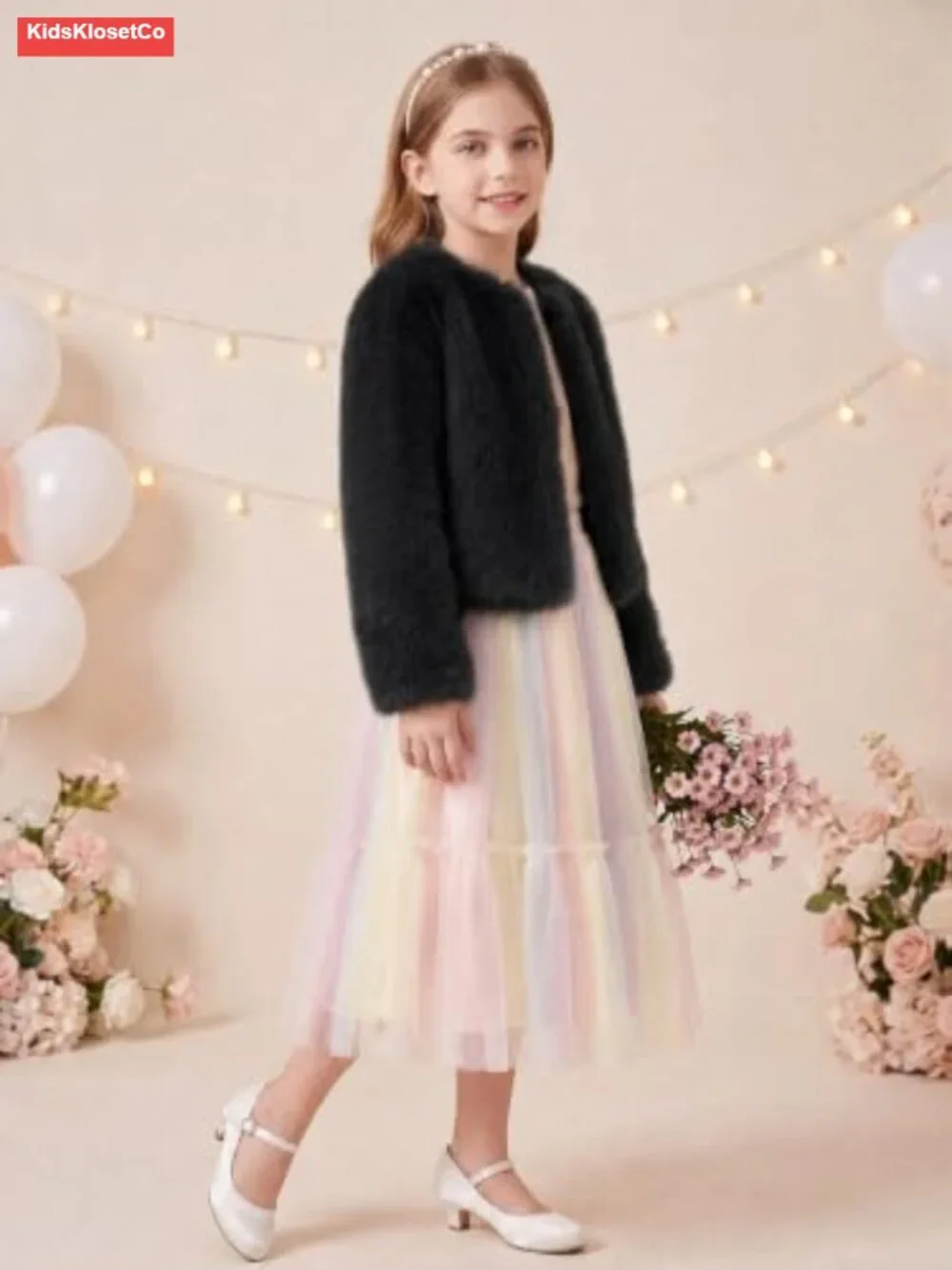 Faux Fur Girls Dress Coat Fluffy Open Front Long Sleeve Jacket